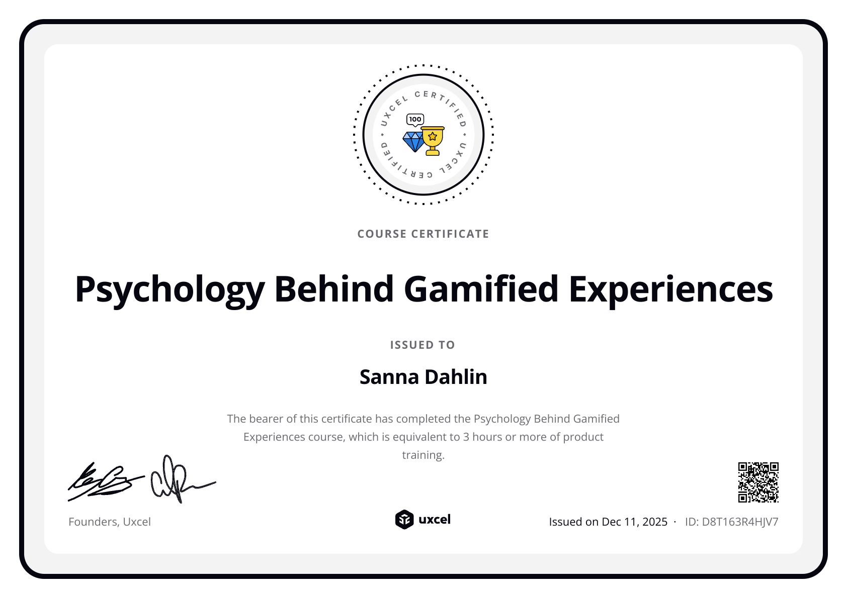 Sanna Dahlin's certificate